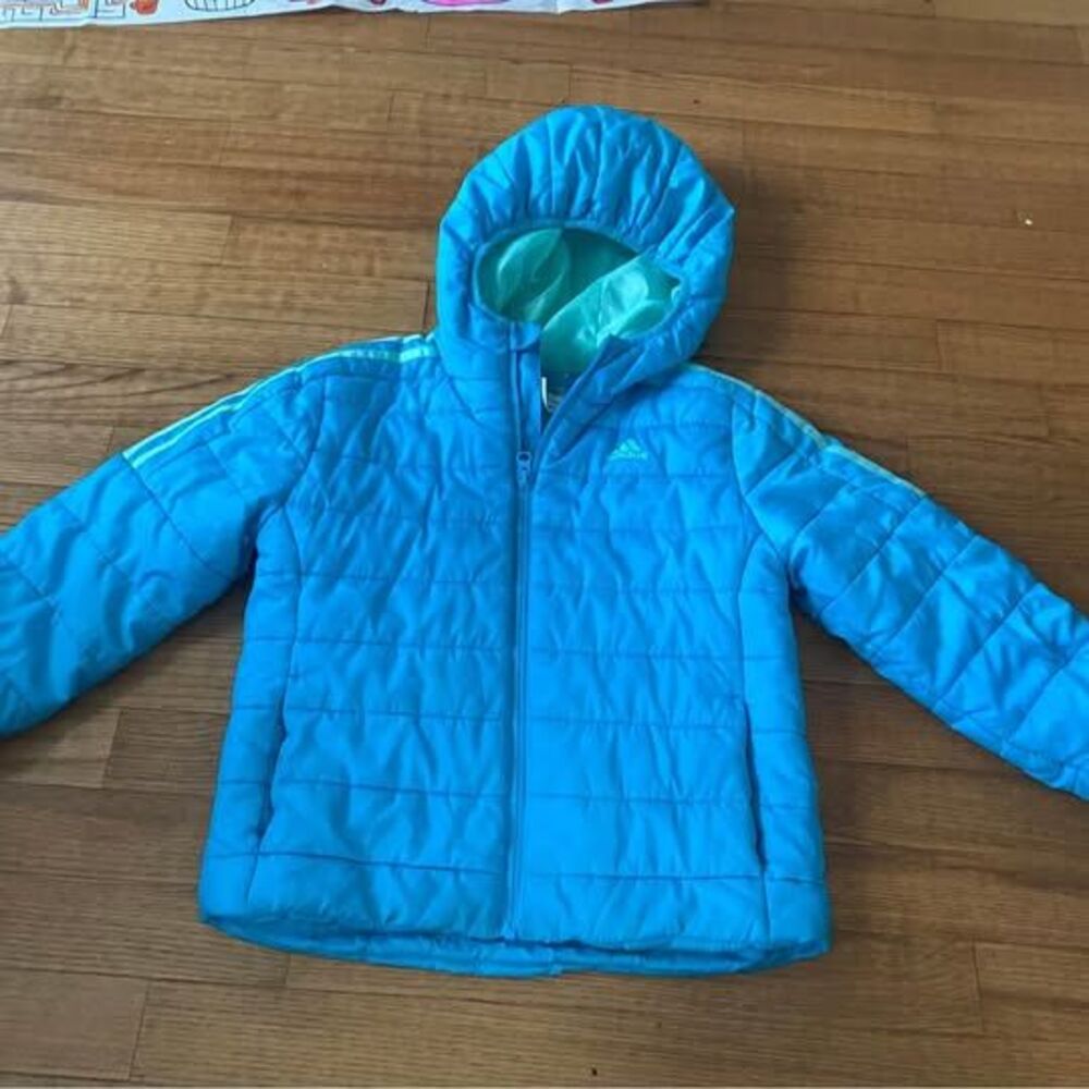 EUC Adidas blue teal winter light puffer coat kids girls 6 XS outdoors kidcore